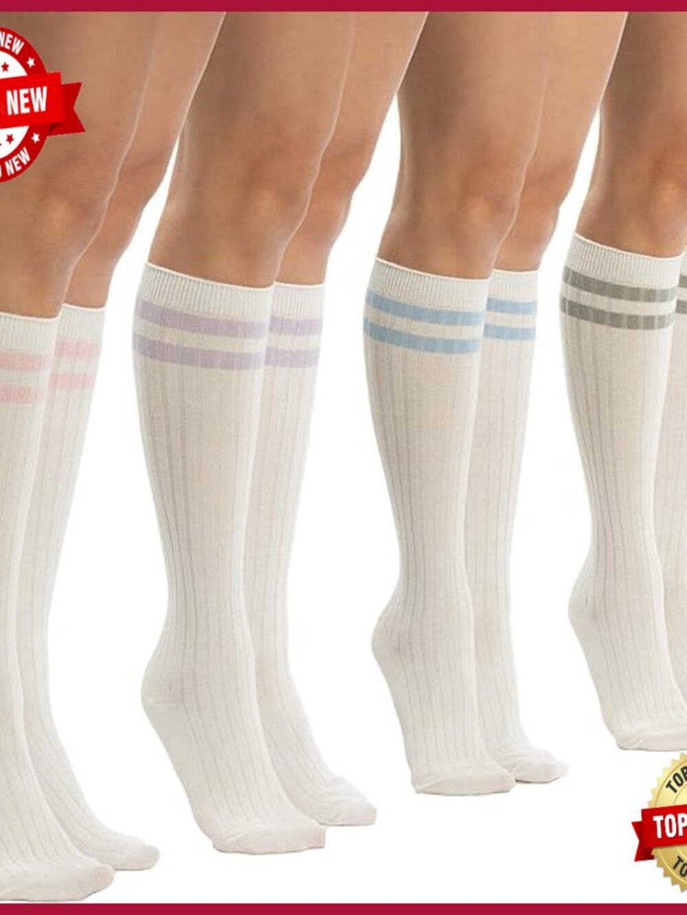 4 Pairs Striped Cotton Knee High Tube Socks for Women